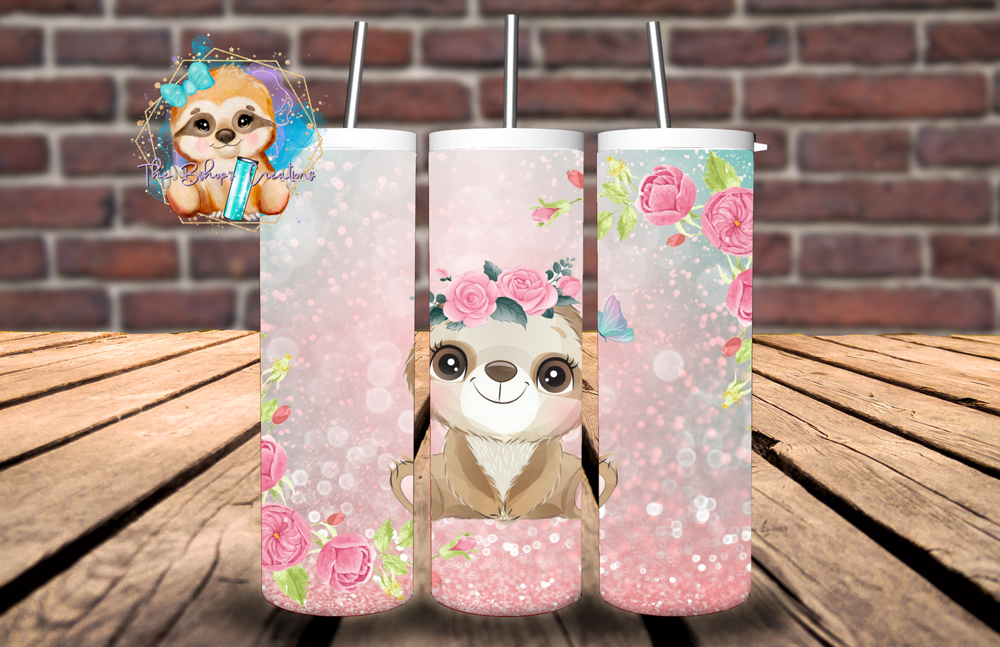 Pink Floral Sloth Tumbler